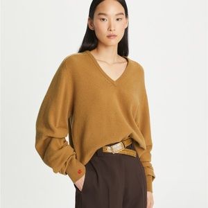 New Tory Burch V-Neck Scrunch Sleeve Sweater XS Camel Tan